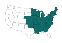 Range of Red Oak in N. America