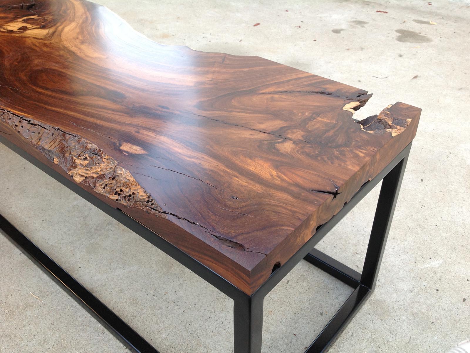black walnut slab table with metal base