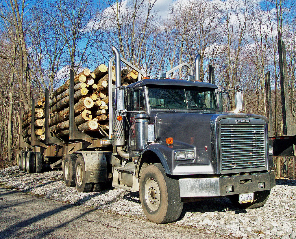 Log truck moving bulp wood fiber