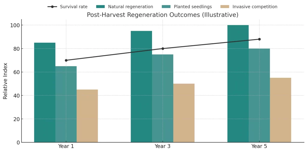 Chart illustrating natural regeneration, planted seedlings, invasive competition, and seedling survival rate during the first five years after a timber harvest in Ohio.