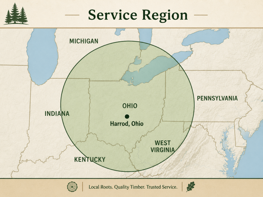 Service region map centered on Harrod, Ohio, showing Ohio Timber Works service coverage across parts of Ohio, Indiana, Michigan, Kentucky, West Virginia, and Pennsylvania.